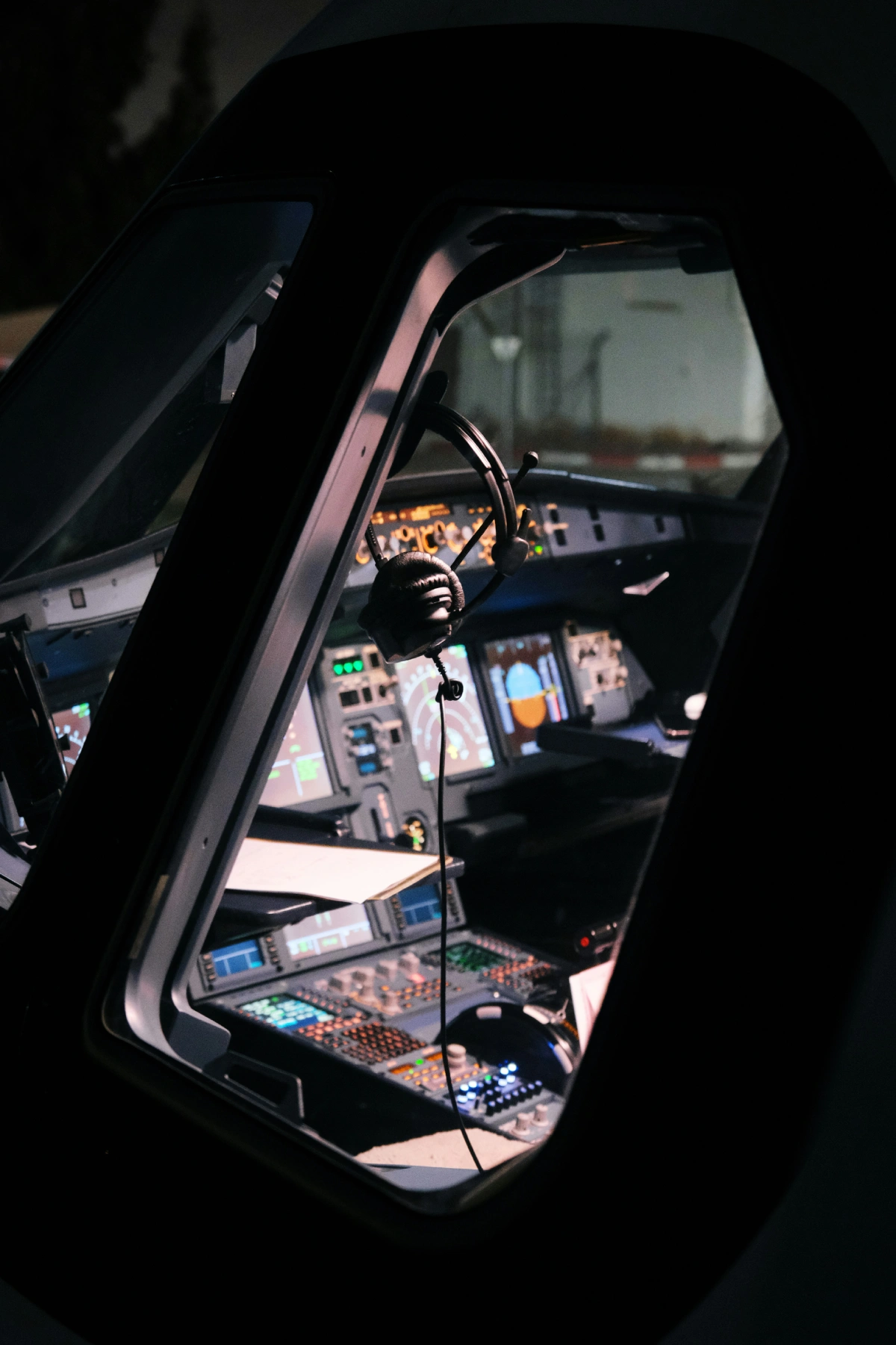 Cockpit seen through side window at night with headset hanging inside.